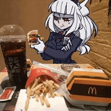 a cartoon girl is sitting at a table with a hamburger and french fries .