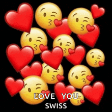 a bunch of smiley faces with red hearts around them and the words love you swiss on the bottom