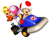 a cartoon of toad and princess toad riding a blue kart