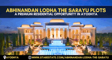 an ad for abhinandan lodha the sarayu plots shows a large building