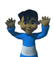 a cartoon boy in a blue shirt is waving