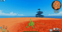 a screenshot of a video game shows a green monster in the middle of the desert