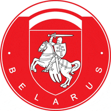 a red and white emblem with a knight on a horse and the words belarus on the bottom