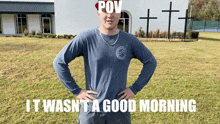 a man standing in front of a church with his hands on his hips and a caption that says " pov "