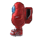 a pixel art of a red among us character with a blue helmet and sneakers .