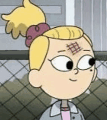 a cartoon girl with a tattoo on her forehead is standing in front of a fence .