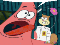 a cartoon of patrick star and sandy cheeks with a speech bubble