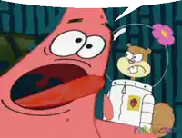 a cartoon of patrick star and sandy cheeks with a speech bubble