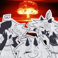 a group of cartoon characters are standing in front of a nuclear bomb .