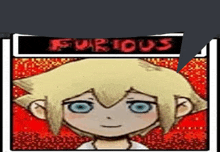 a cartoon character with blonde hair and blue eyes is smiling in front of a sign that says furious .