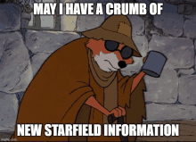 a cartoon of a fox holding a mug with the words may i have a crumb of new starfield information