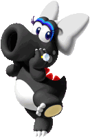 a black and white cartoon character with a bow and a diamond in its mouth .