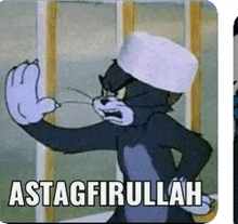 a cartoon cat wearing a white hat is making a gesture with his hand .