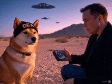 a dog wearing a hat that says dea looks at a man holding a camera