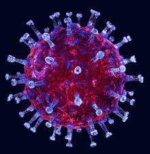 a close up of a red and blue virus