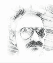 a pencil drawing of a man with a mustache and sunglasses .