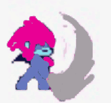 a pixel art of a person with pink hair standing next to a gray crescent moon .