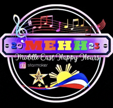 a logo for middle east happy hours with music notes and a star