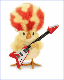 a chicken with a red and yellow mohawk holds a guitar