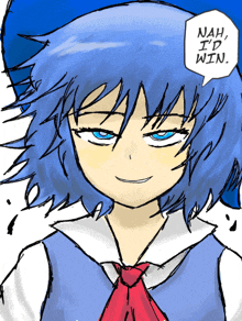 a drawing of a girl with blue hair and a speech bubble that says " nah i 'd win "