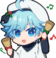 a cartoon character with blue hair is holding two bells in his hands