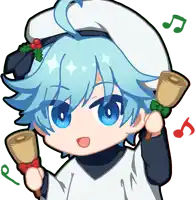 a cartoon character with blue hair is holding two bells in his hands