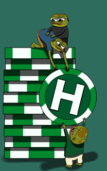 a stack of green and white poker chips with the letter h in the center