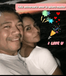 a man and a woman are posing for a picture with the words feliz aniversario amor la quiero mucho below them