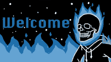 a cartoon drawing of a ghost rider with the words welcome below him