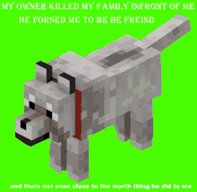 a picture of a minecraft wolf with the caption " my owner killed my family infront of me he forced me to be feind "