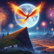 a painting of a phoenix flying over a sign that says ballon 168