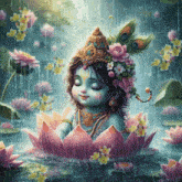 a painting of a baby krishna on a lotus flower in the rain