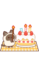 a cat is holding a lit candle next to a birthday cake