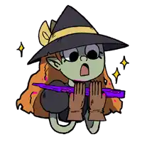 a cartoon of a witch holding a purple object with her hands