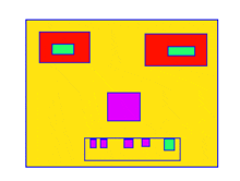 a yellow square with purple squares and red squares