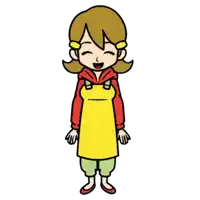 a cartoon of a woman wearing a yellow apron and a red jacket