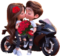 a boy and a girl kissing on a black motorcycle