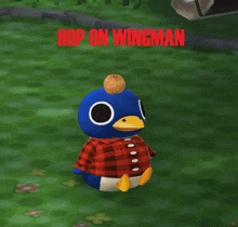 a blue penguin with an orange on its head and the words hop on wingman above him