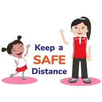 a poster that says " keep a safe distance " with two girls