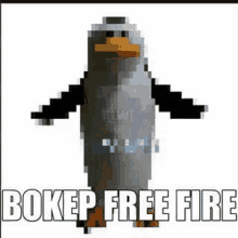 a pixel art of a penguin with the words `` bokep free fire '' written on it .