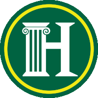 a green and yellow circle with a white letter h inside