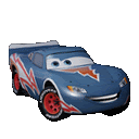 a blue toy car from the movie cars with a red arrow on it .