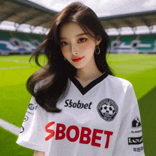 a girl wearing a soccer jersey that says sbobet on the front