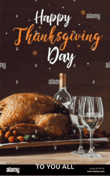 a happy thanksgiving day greeting card with a roasted turkey