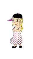 a cartoon girl wearing a polka dot dress and a hat