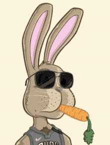 a cartoon of a rabbit wearing sunglasses and holding a carrot in his mouth