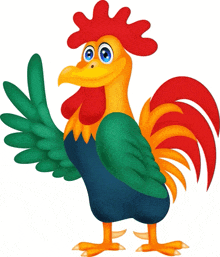 a cartoon rooster with blue eyes and a red crest is giving a thumbs up