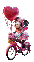 minnie mouse is riding a pink bicycle with a heart shaped balloon