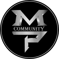 a black circle with a silver letter m and the word community on it