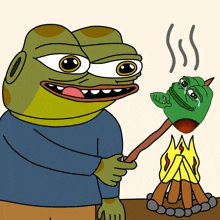 a cartoon of a frog holding a stick in front of a campfire